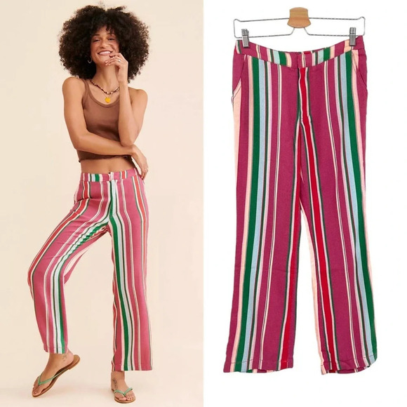 Free People La Paz Stripe Cotton Blend Ankle Pants Berry Combo Size 0 - Picture 1 of 11